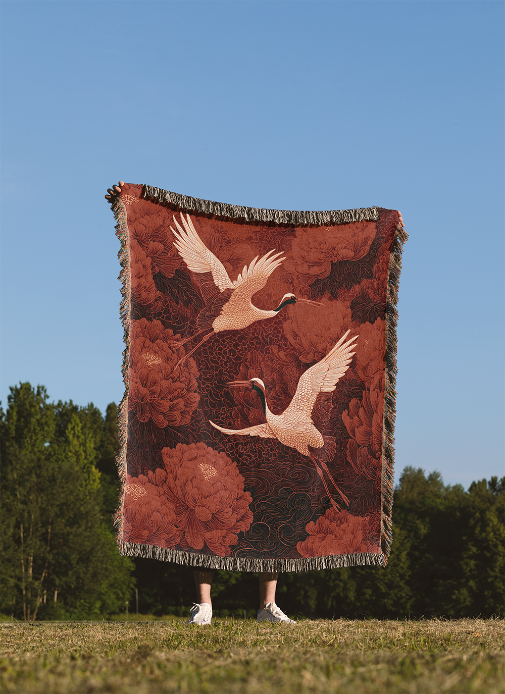 Chinese Crane Woven Blanket, Oriental Asian Style Tapestry, Red Crowned Crane Jacquard Throw, Chinese New Year Peony Floral Wall Hanging