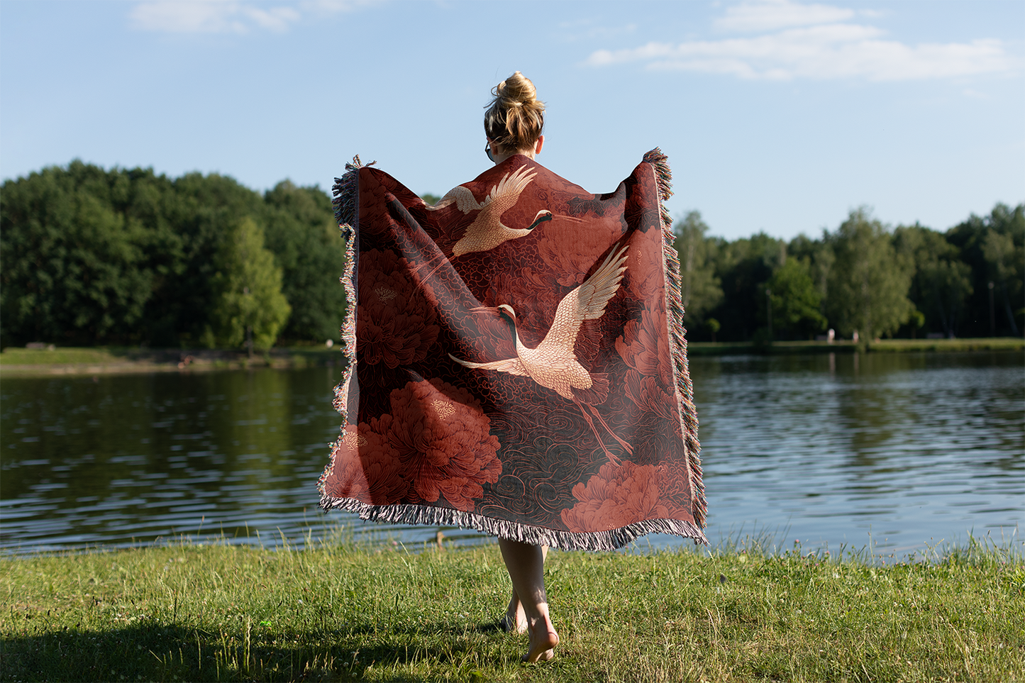 Chinese Crane Woven Blanket, Oriental Asian Style Tapestry, Red Crowned Crane Jacquard Throw, Chinese New Year Peony Floral Wall Hanging