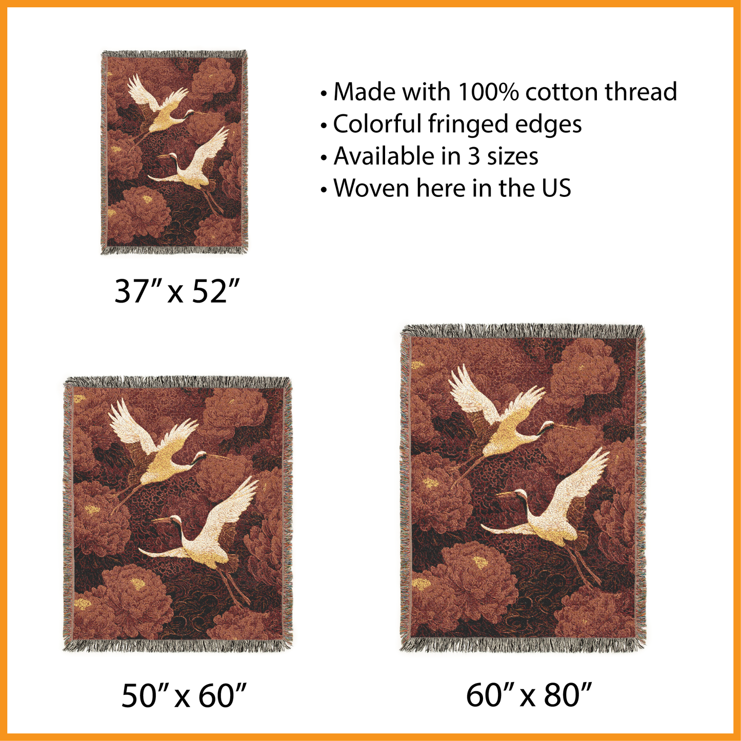 Chinese Crane Woven Blanket, Oriental Asian Style Tapestry, Red Crowned Crane Jacquard Throw, Chinese New Year Peony Floral Wall Hanging