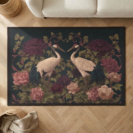 Vintage Style Crane Floral Area Rug, Moody Chinoiserie Botanical Decor, Maximalist Dark Academia Home, Victorian Bird Peony Carpet Floor Mat