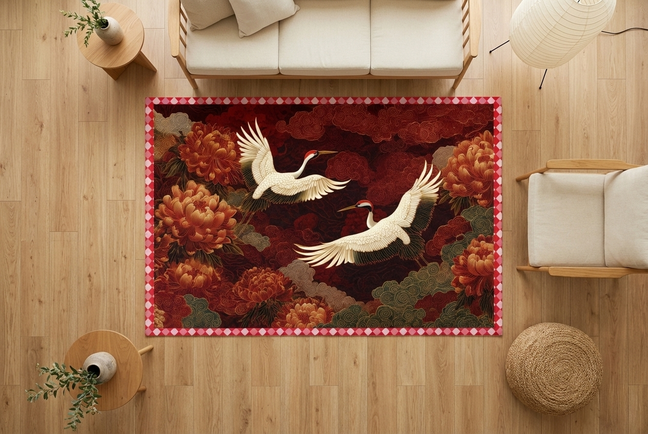 Decorative rug with cranes and floral patterns on a wooden floor.