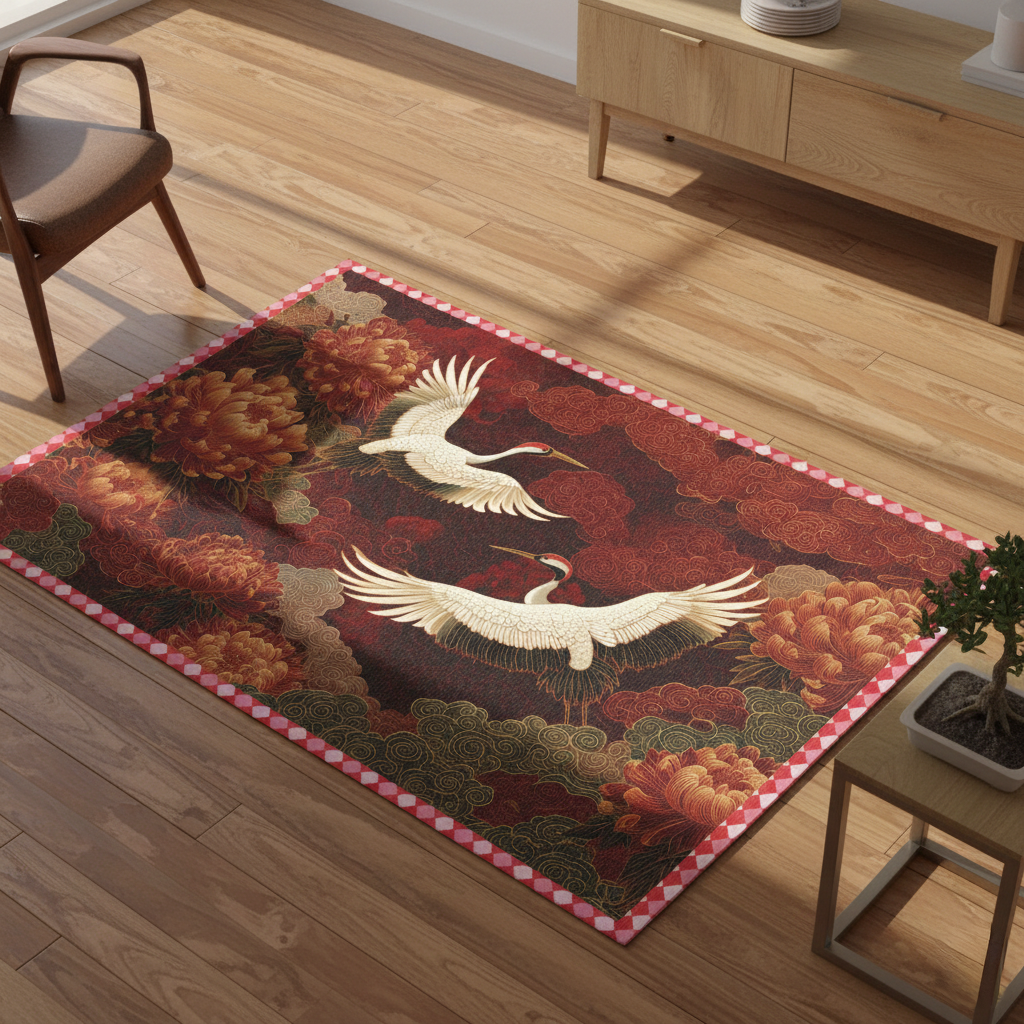 Decorative rug with crane design on a wooden floor