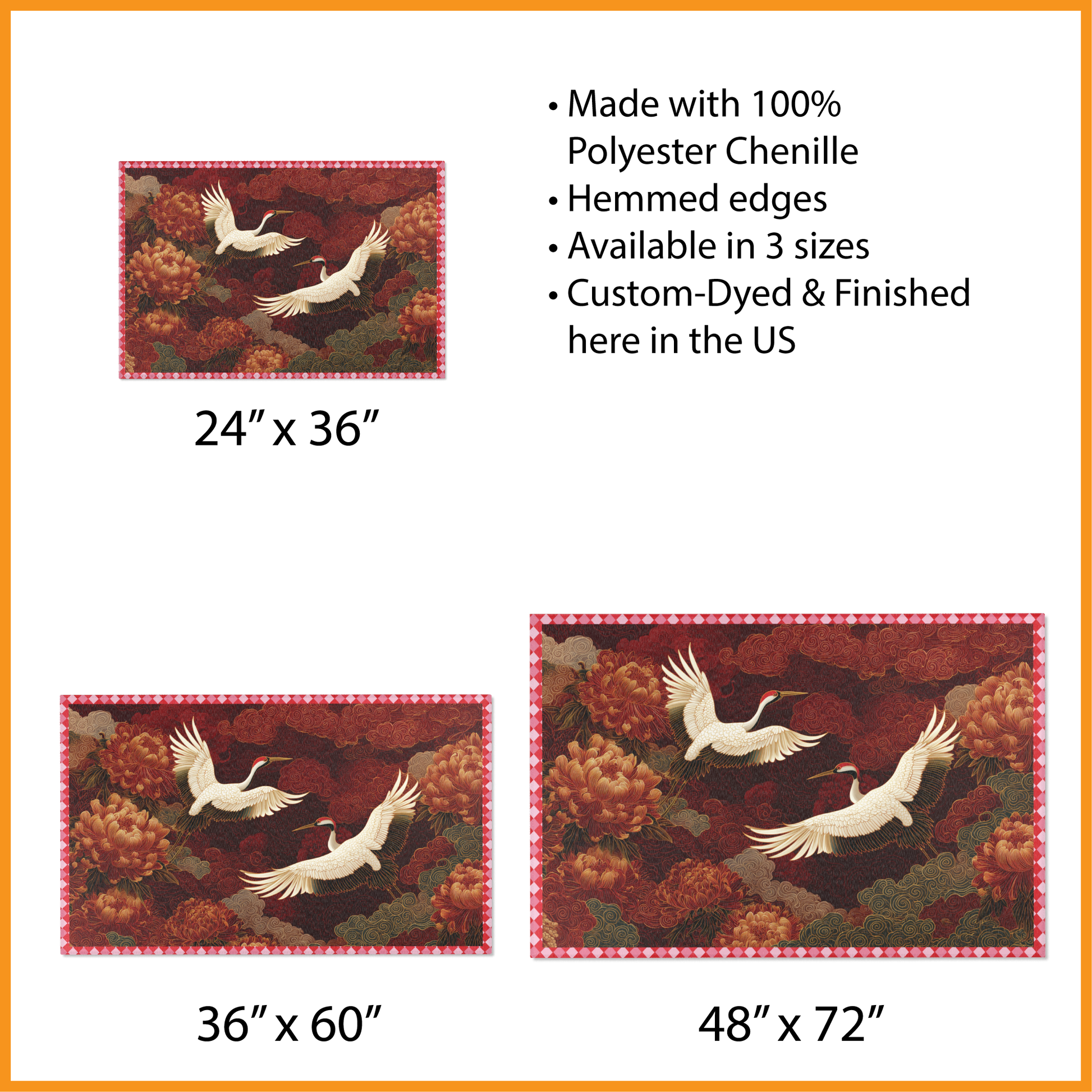 Decorative rug with crane design and size specifications on a white background