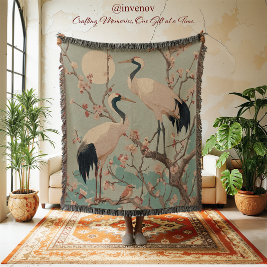 Decorative blanket with crane design in a room with plants and furniture