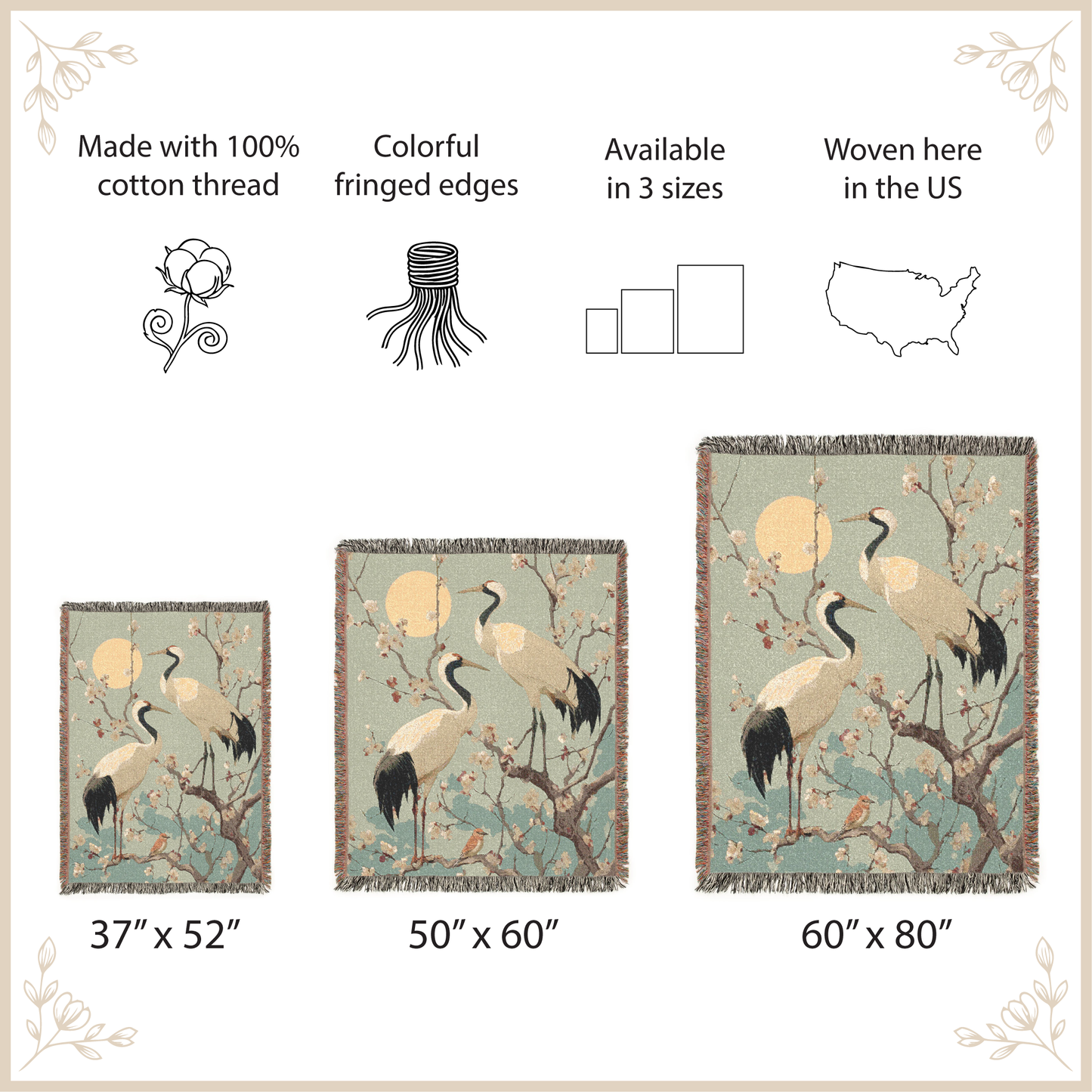 Decorative throw blanket with crane design, size options, and product features on a beige background.