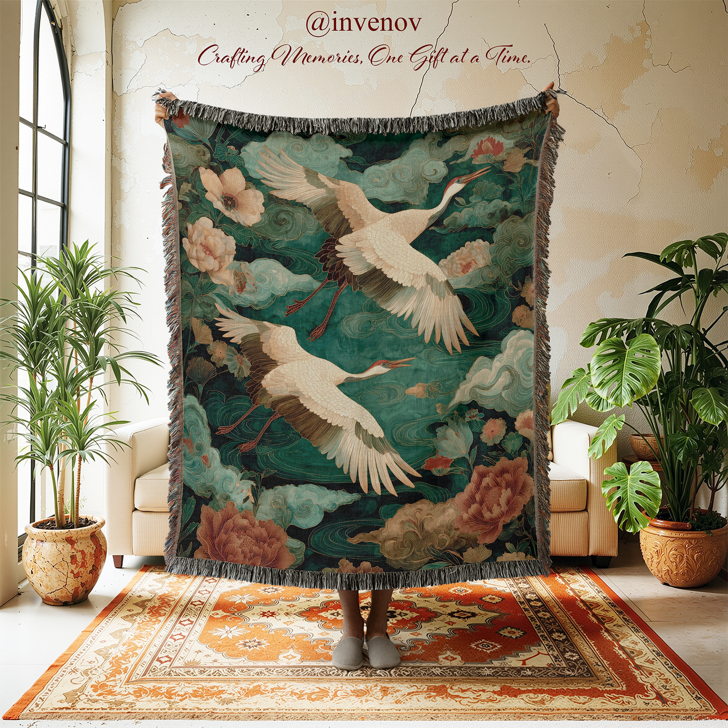 Woven blanket with 2 cranes graphic