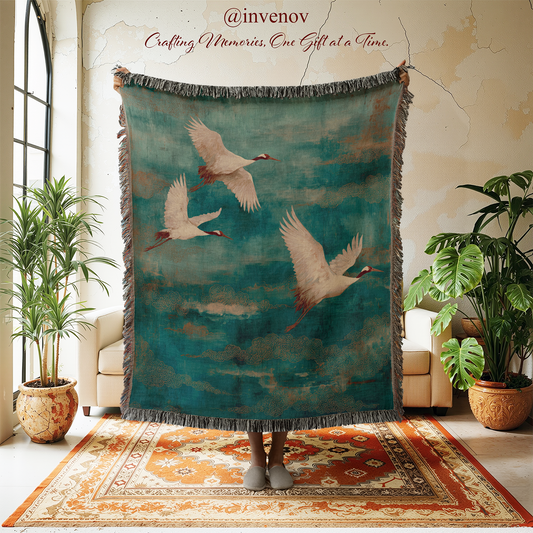 Woven blanket with 3 flying cranes graphic