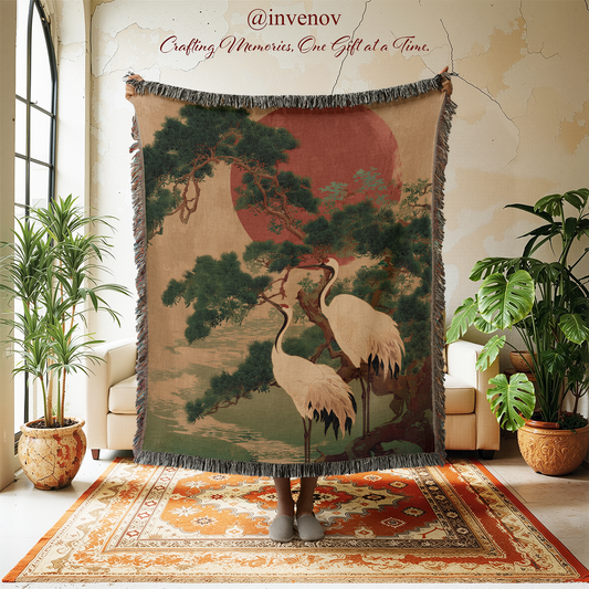 Woven Blanket with crane graphic