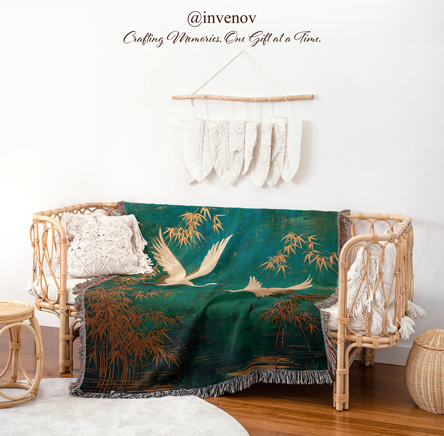 Decorative blanket with bird and bamboo design on a wicker chair