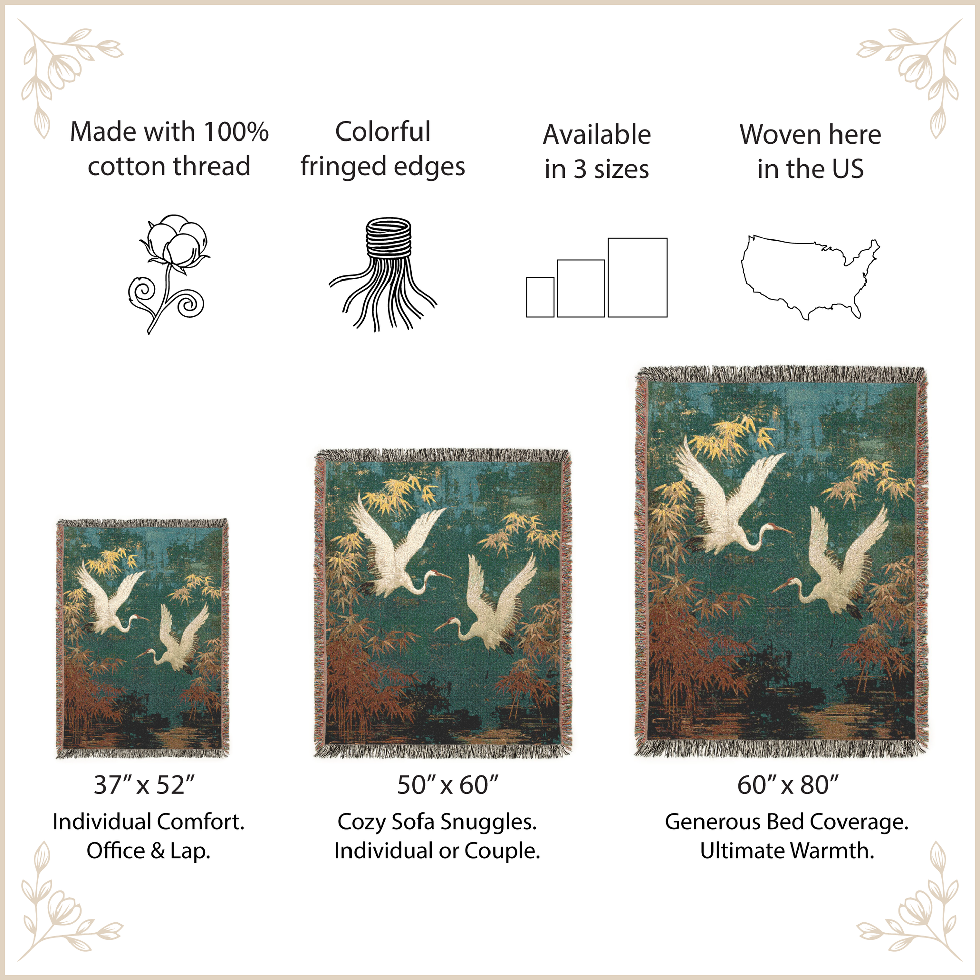 Three sizes of a woven blanket with crane design on a beige background