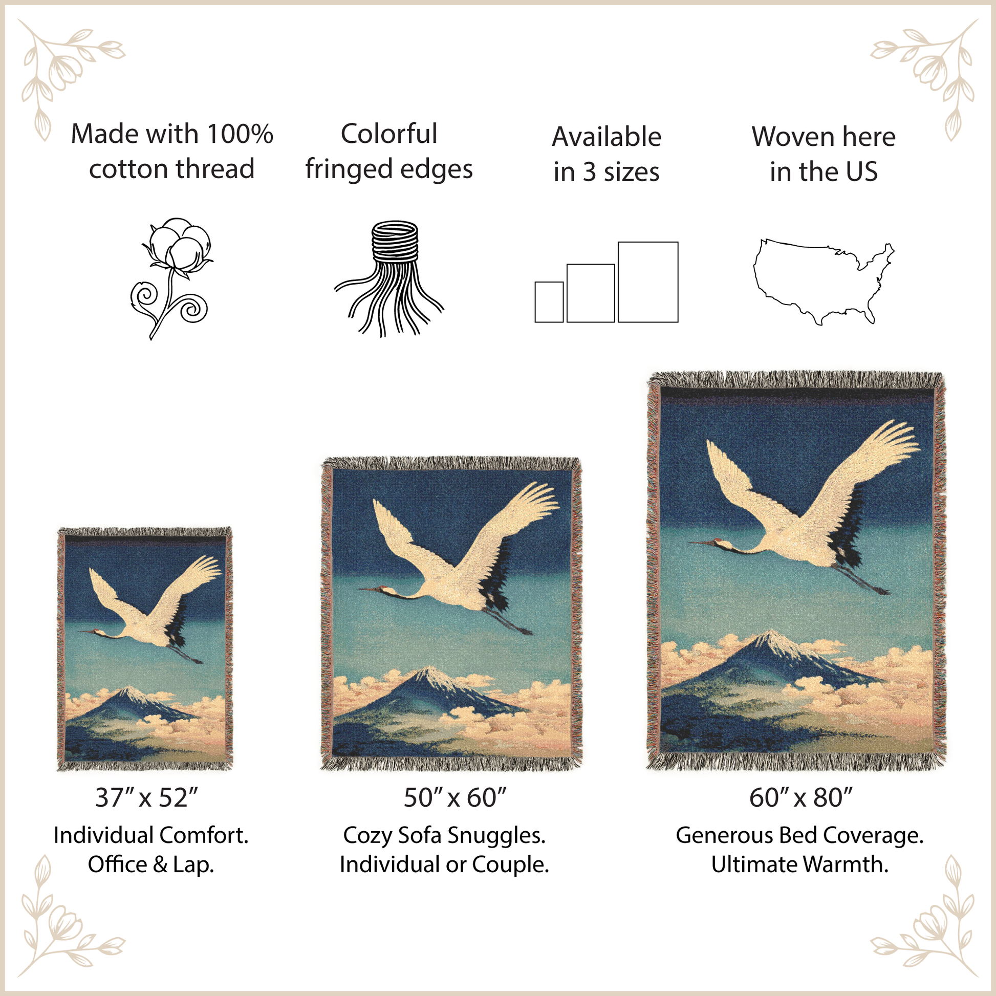 Woven blanket with crane design and product size information on a beige background