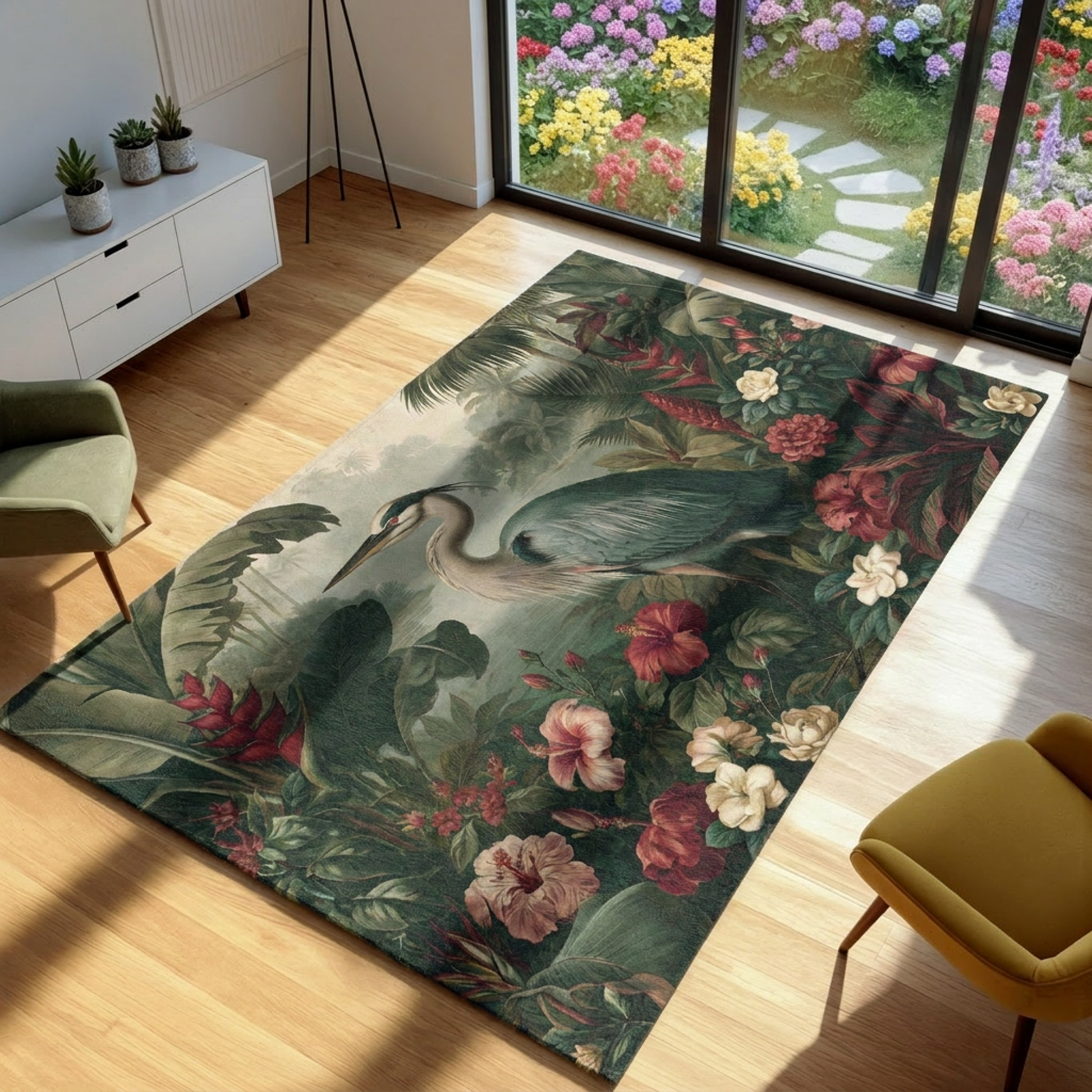 Area rug with heron graphic