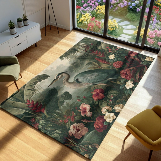 Area rug with heron graphic