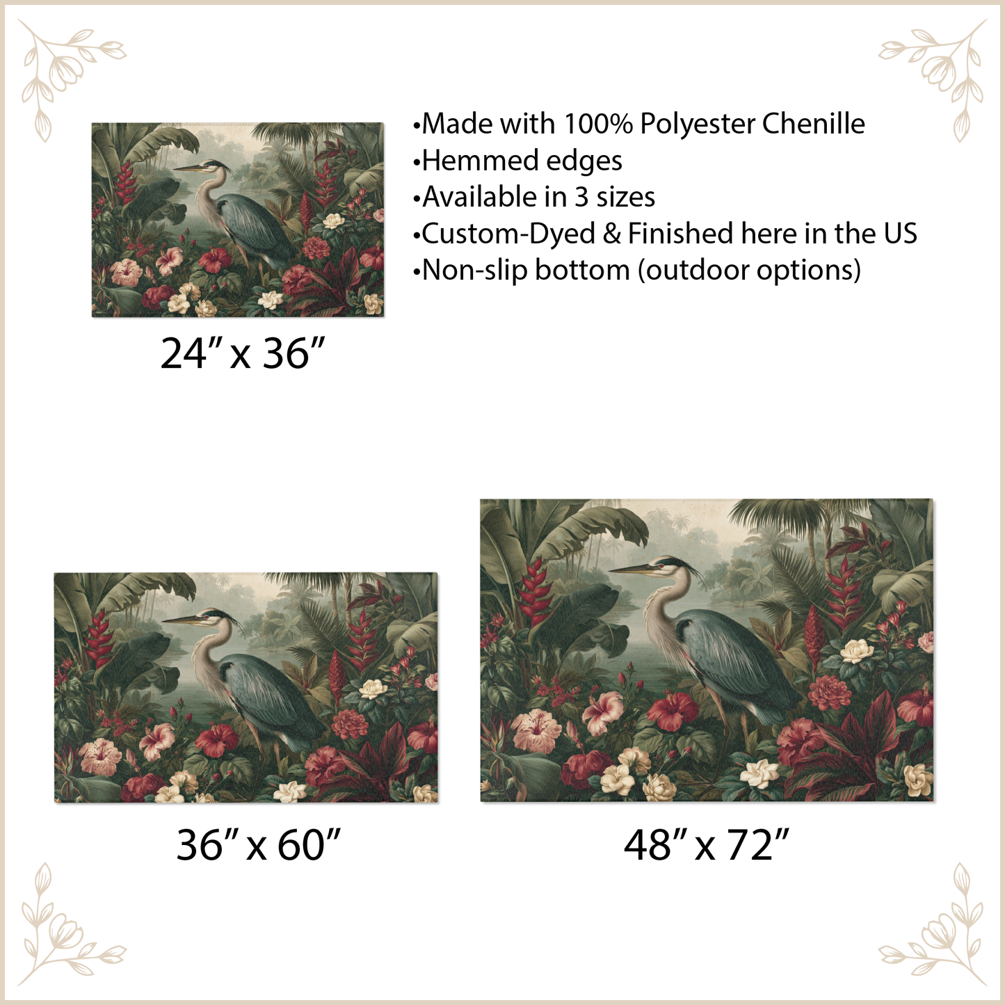 Area rug with heron graphic with size options and features