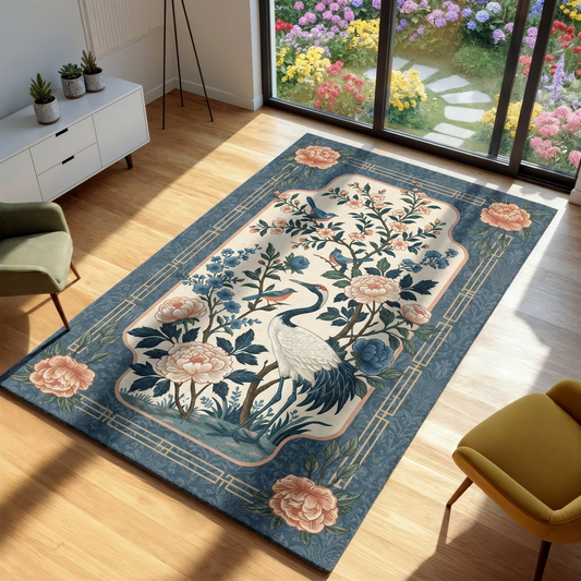 Area rug with bird and floral design