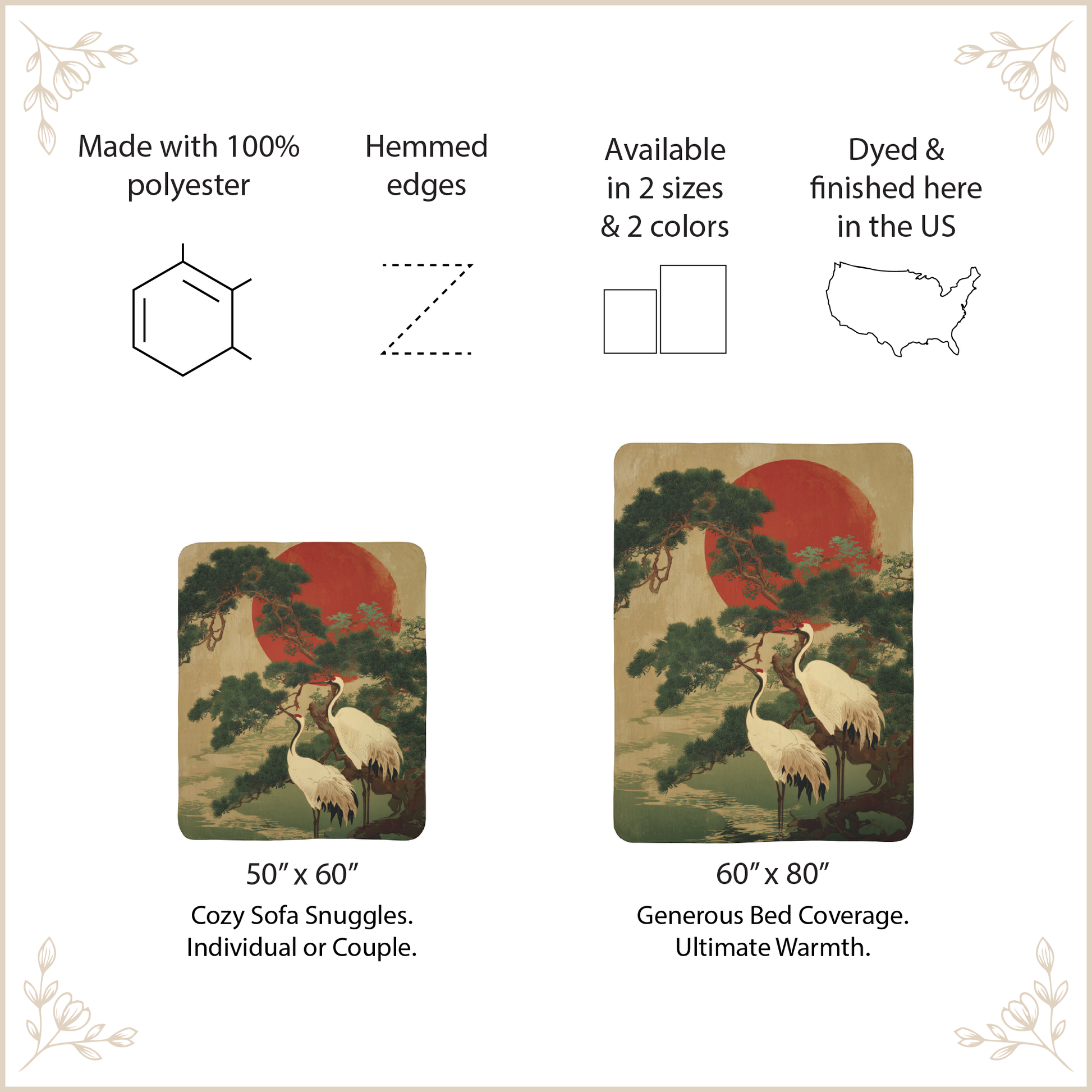 Product description card with crane design and size options on a beige background