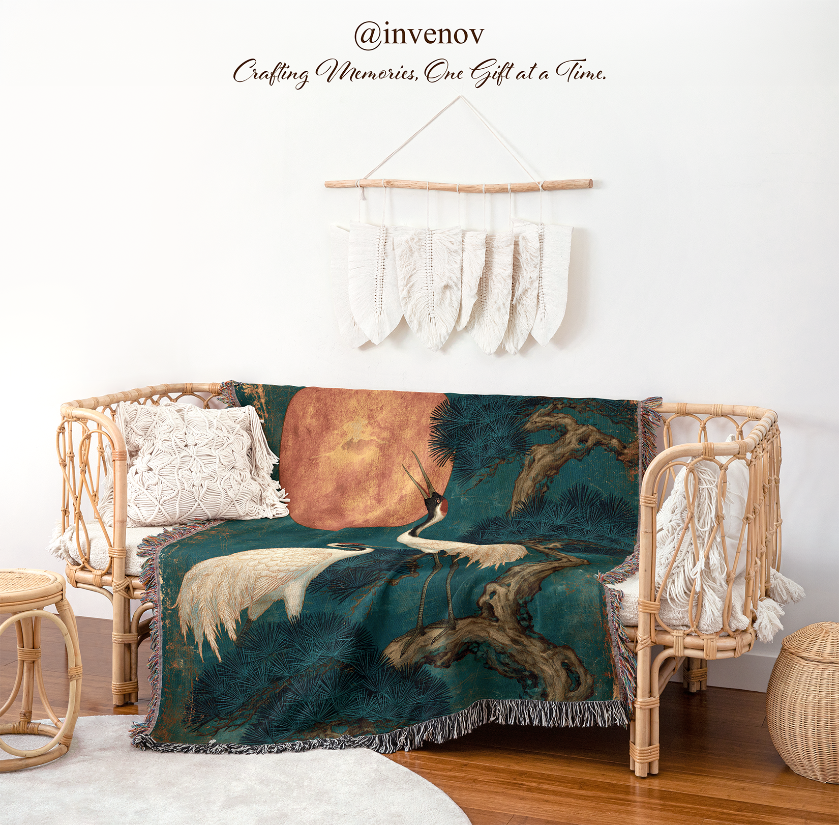Decorative blanket with nature design on a wicker chair