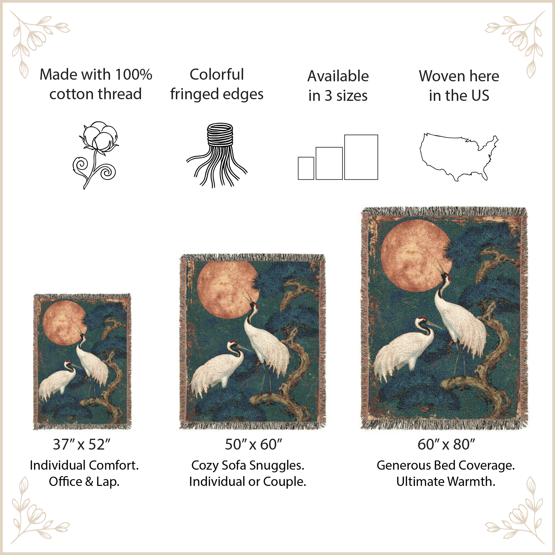 Woven blanket with crane design and size options on a beige background