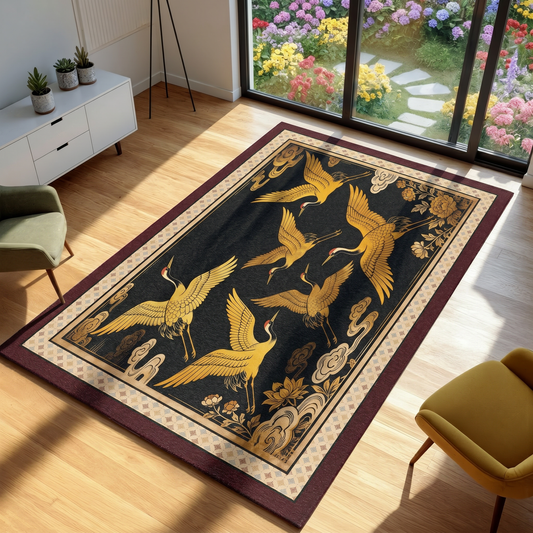 Decorative rug with gold crane design on a wooden floor in a room with a garden view.