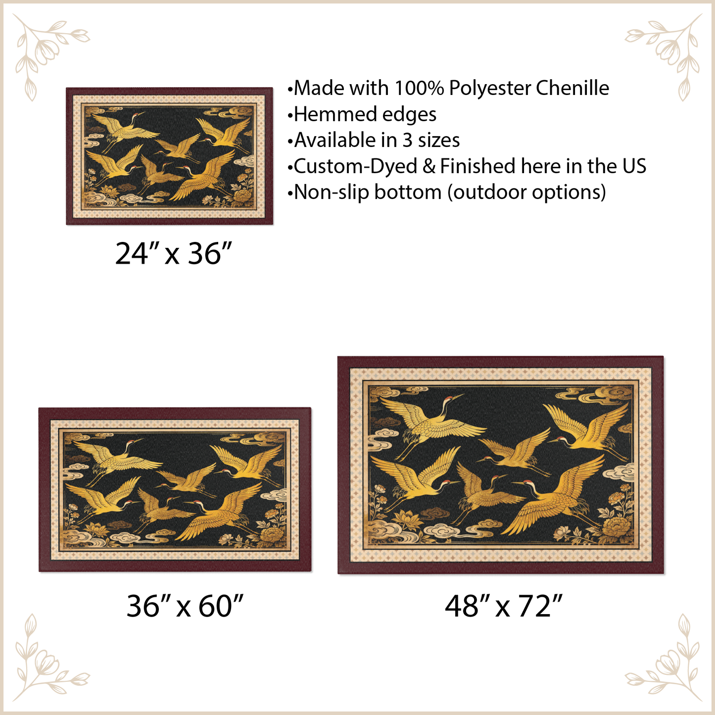 Decorative rugs with crane design and product specifications on a beige background