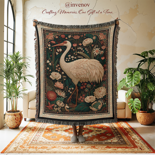 Decorative tapestry with a crane design in a room with plants and furniture.