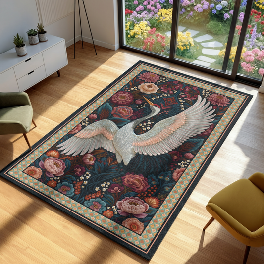 Decorative rug with a crane and floral design on a wooden floor.