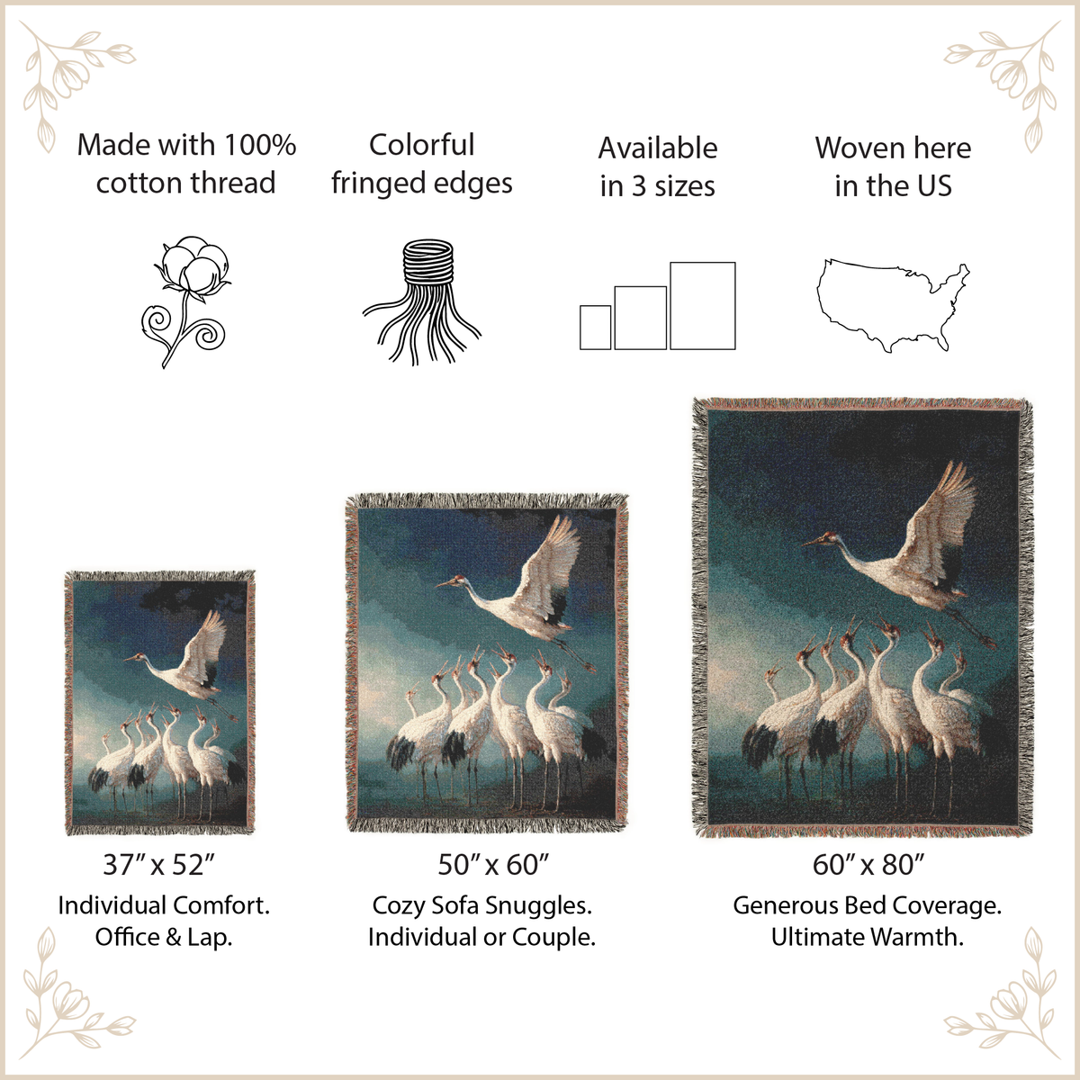 A product information graphic for a woven throw blanket featuring a winter scene of white cranes flying over dark blue water. The graphic shows three size options labeled 37" x 52", 50" x 60", and 60" x 80", with text calling out 100% cotton thread, colorful fringed edges, availability in 3 sizes, and weaving in the US.