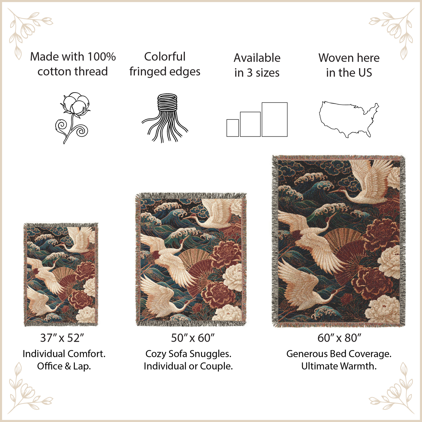 A product information graphic for a woven tapestry. The main area shows three size options for the rug with labeled dimensions: 37" x 52", 50" x 60", and 60" x 80".