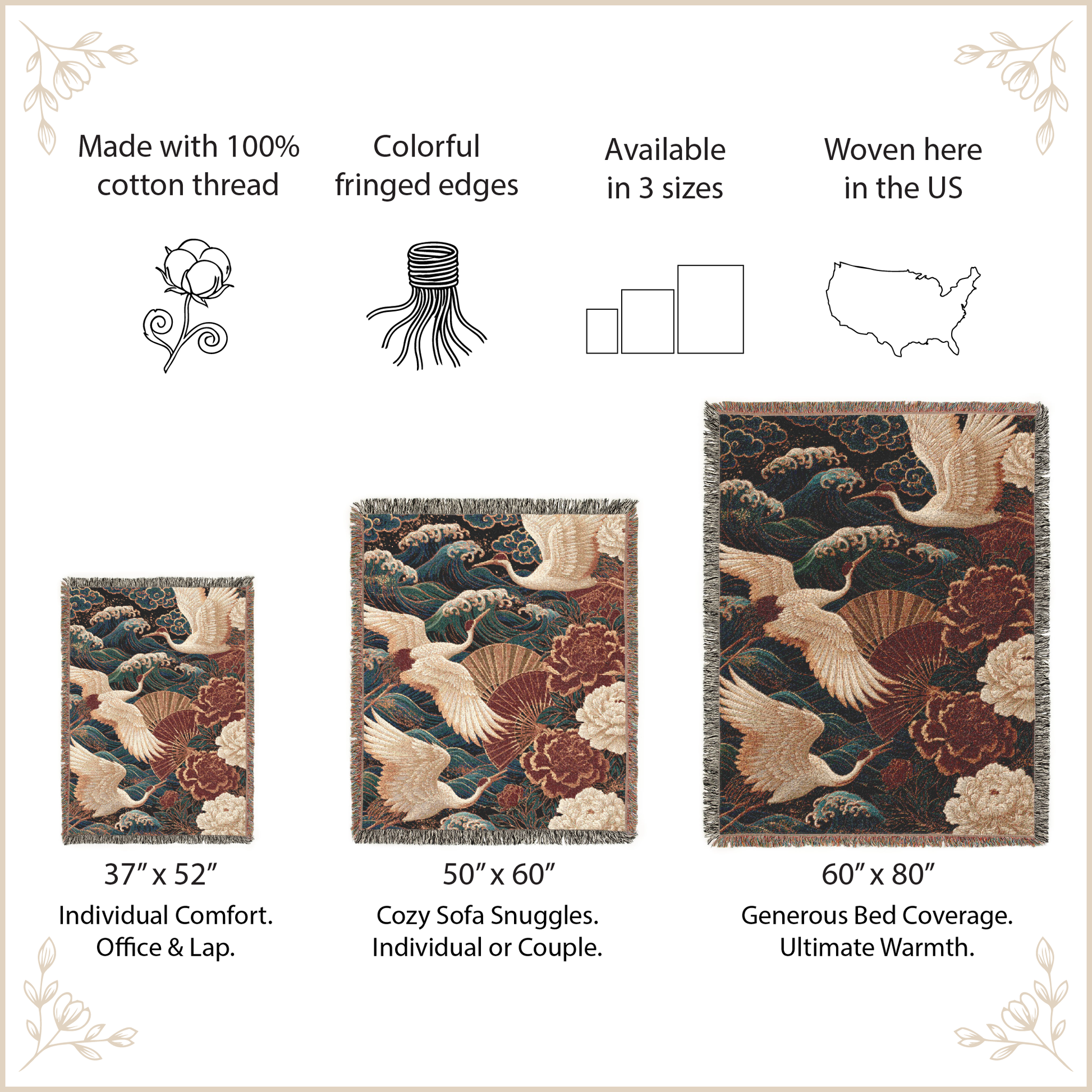 A product information graphic for a woven tapestry. The main area shows three size options for the rug with labeled dimensions: 37" x 52", 50" x 60", and 60" x 80".