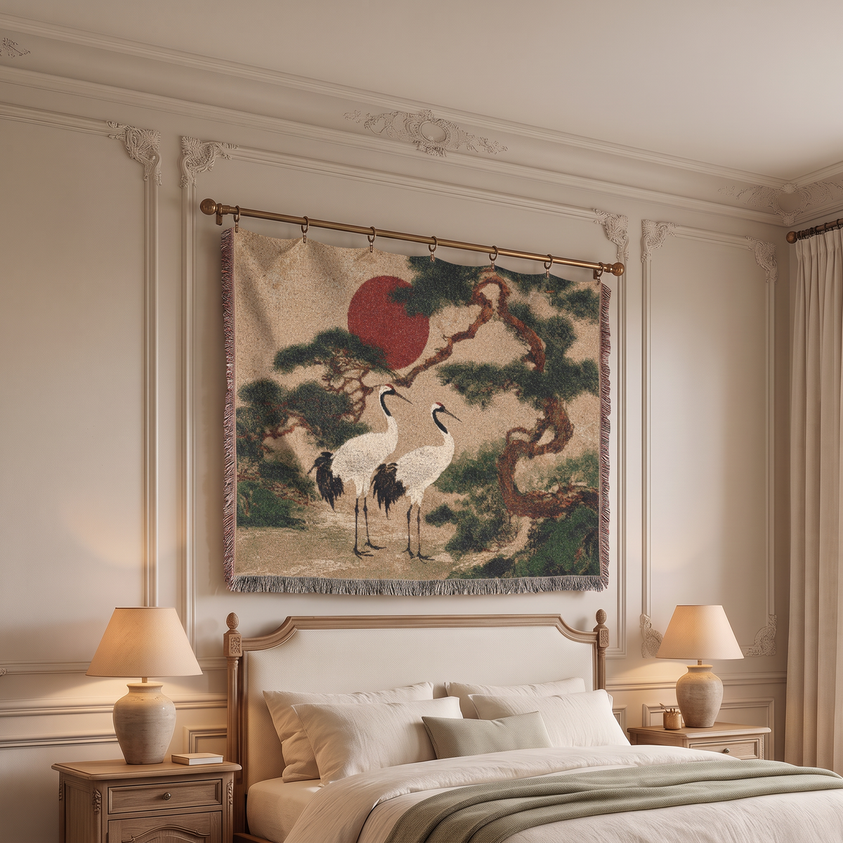 A large woven wall tapestry featuring two white cranes under a red sun and pine trees, hanging on a wooden rod above a bed in a styled bedroom.