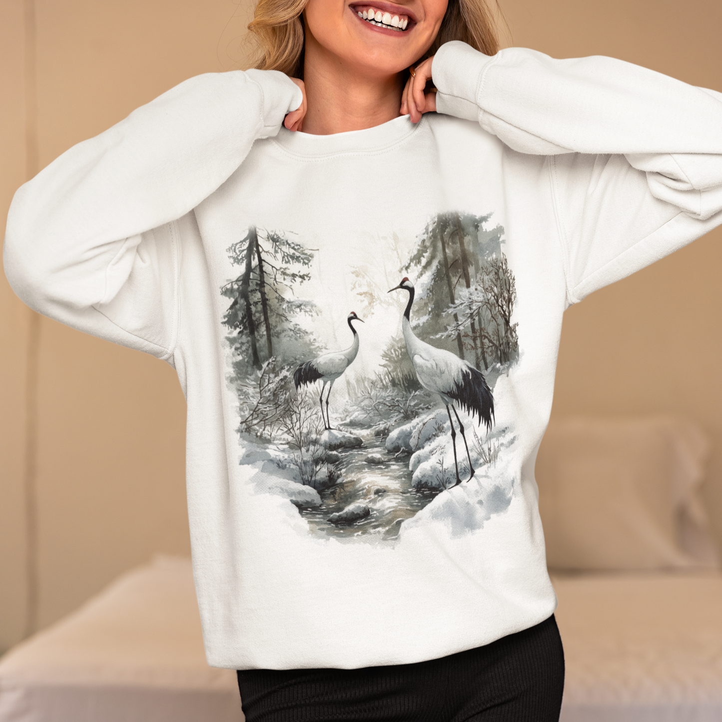 Retro Winter Crane Crewneck Sweatshirt, Spring Tranquil Forest Scene, Cozy Nature Art Sweater, Snowy Tree Jumper, Watercolor Crane Sweater