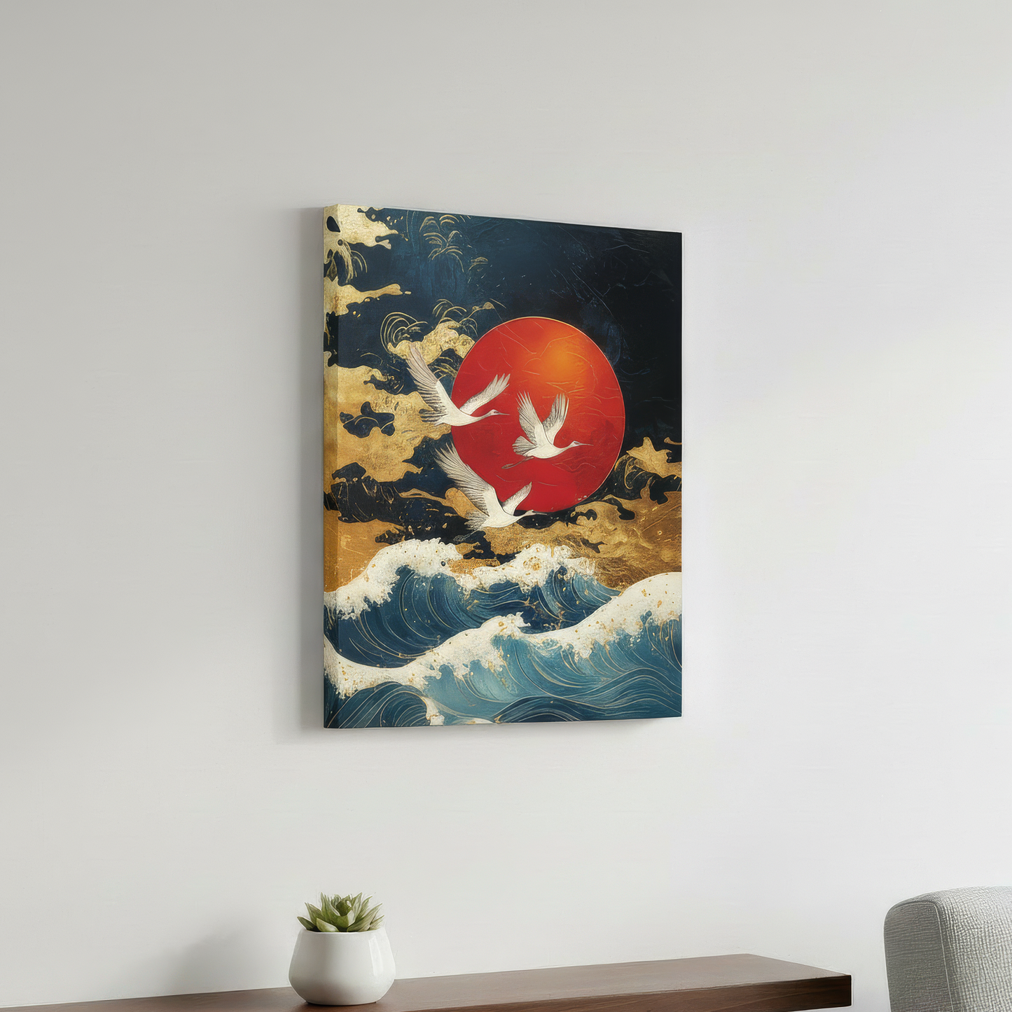 Decorative wall art with a red sun and white birds over blue waves on a white wall. 