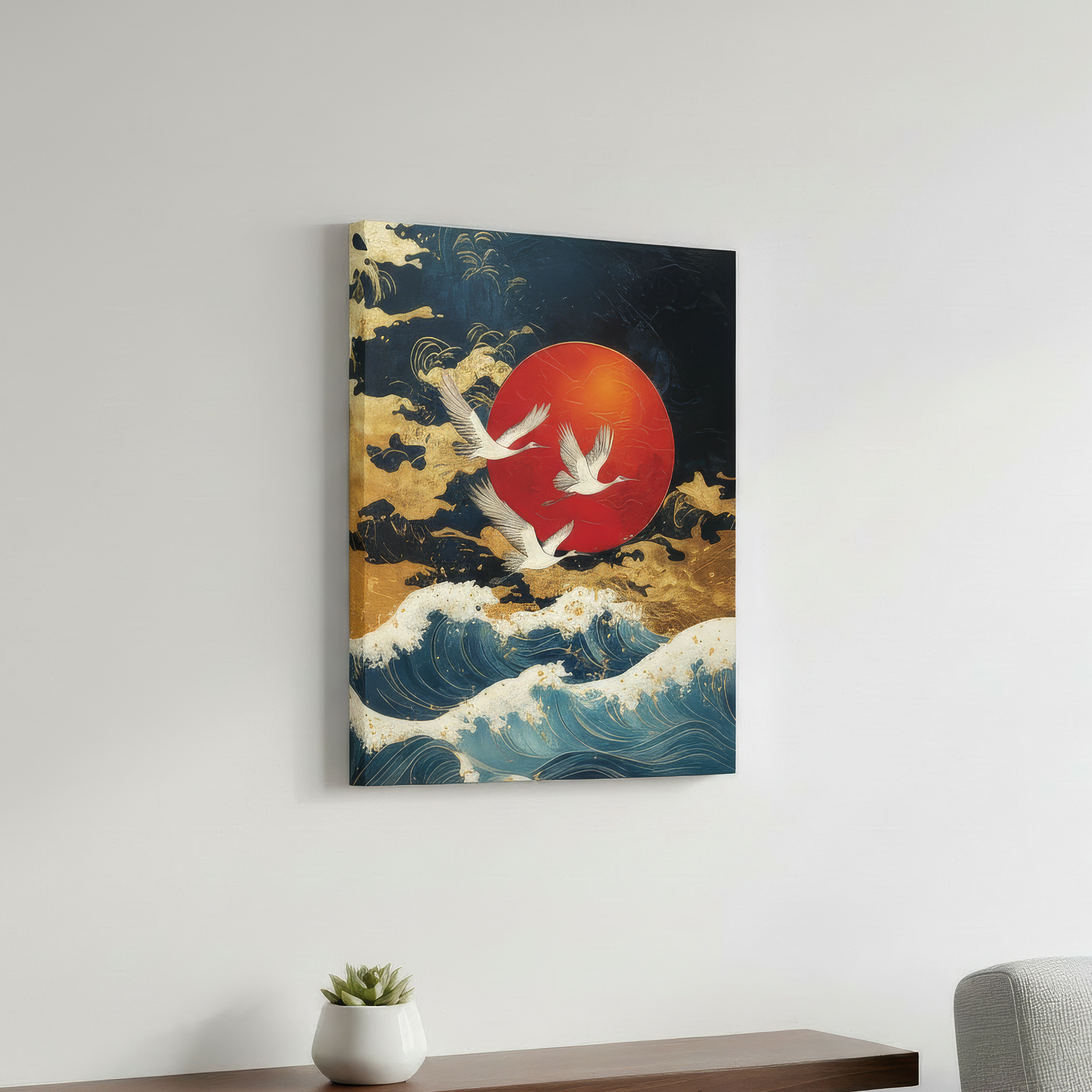 Decorative wall art with a red sun and white birds over blue waves on a white wall. 