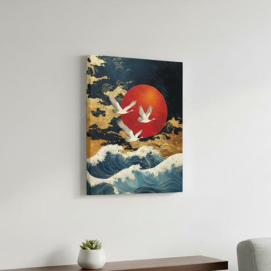 Decorative wall art with a red sun and white birds over blue waves on a white wall. 