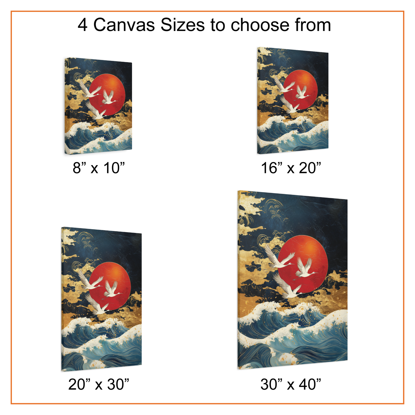 Canvas prints of a sunset scene with birds over waves, available in four sizes.