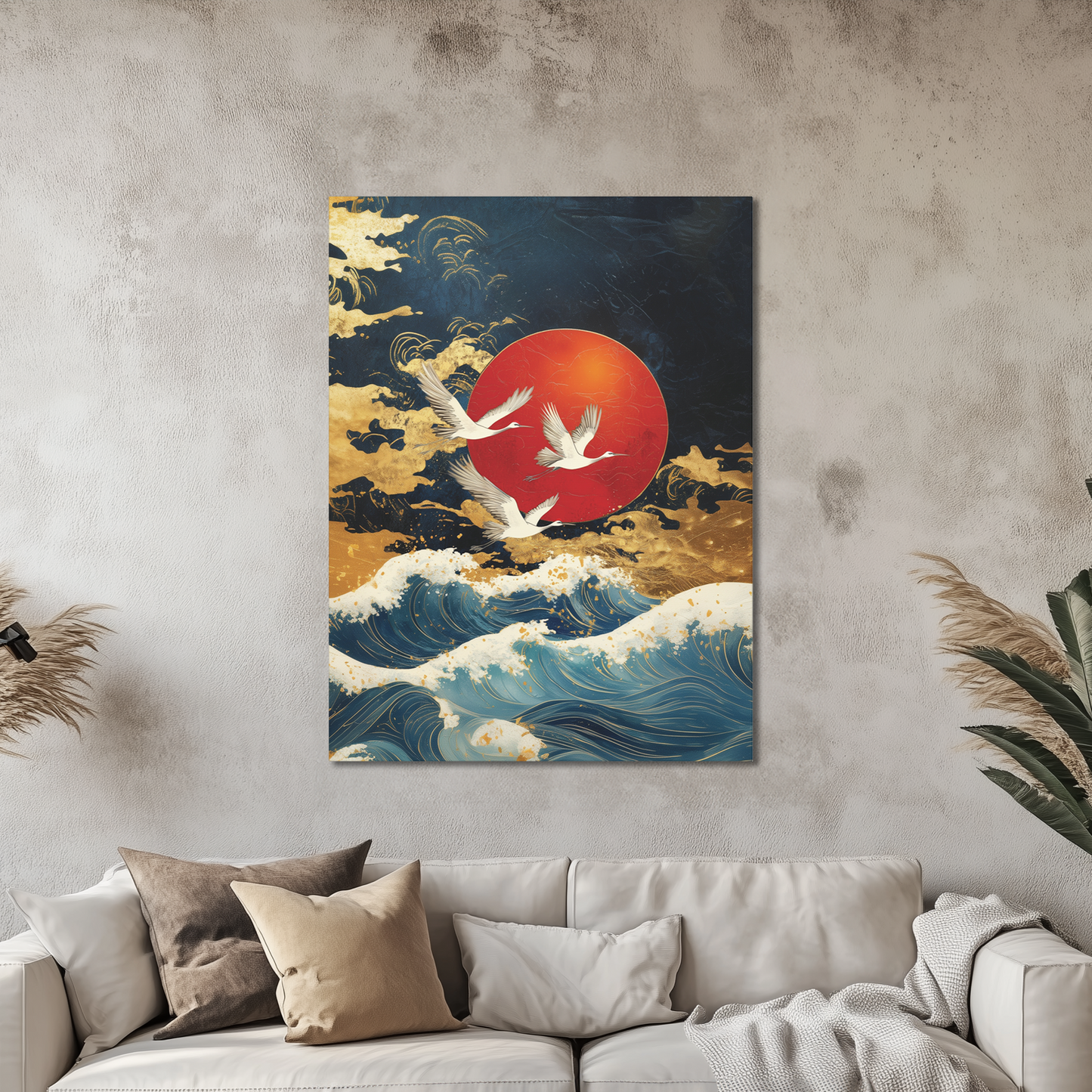 Japanese-Inspired Cranes Artwork Canvas Print, Stretched Matte Canvas, Luxurious Home Decor, Office Wall Art, Home Livingroom Decoration