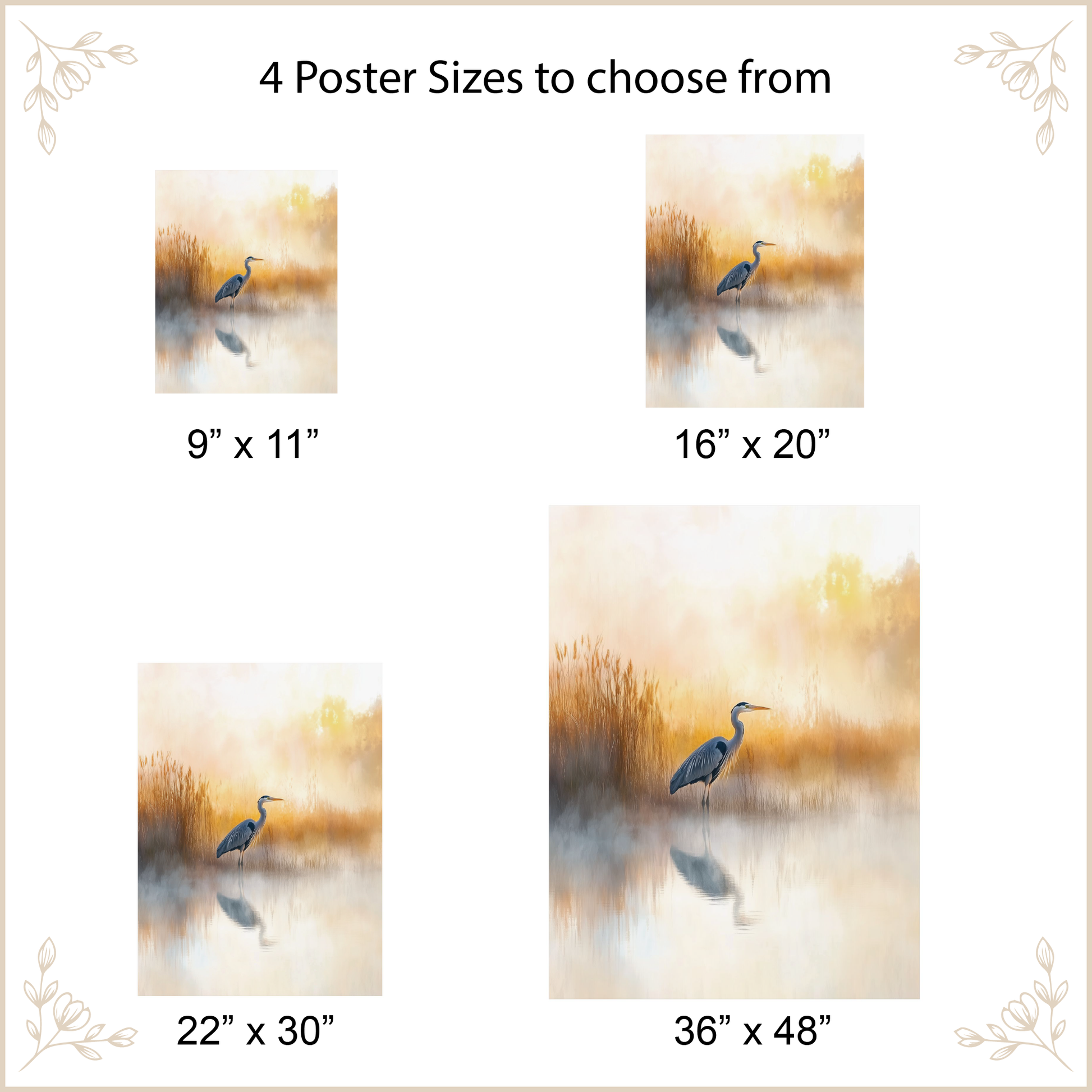 Poster size options with a heron in a marsh scene