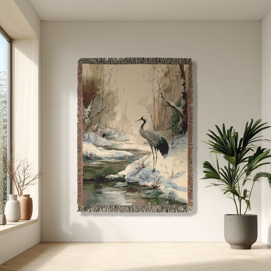 Crane Nature Scene Woven Blanket, Heron Tranquil Winter Landscape, Home Decoration Sofa Woven Blanket, Cozy Artisanal Tapestry, Fringed Edge