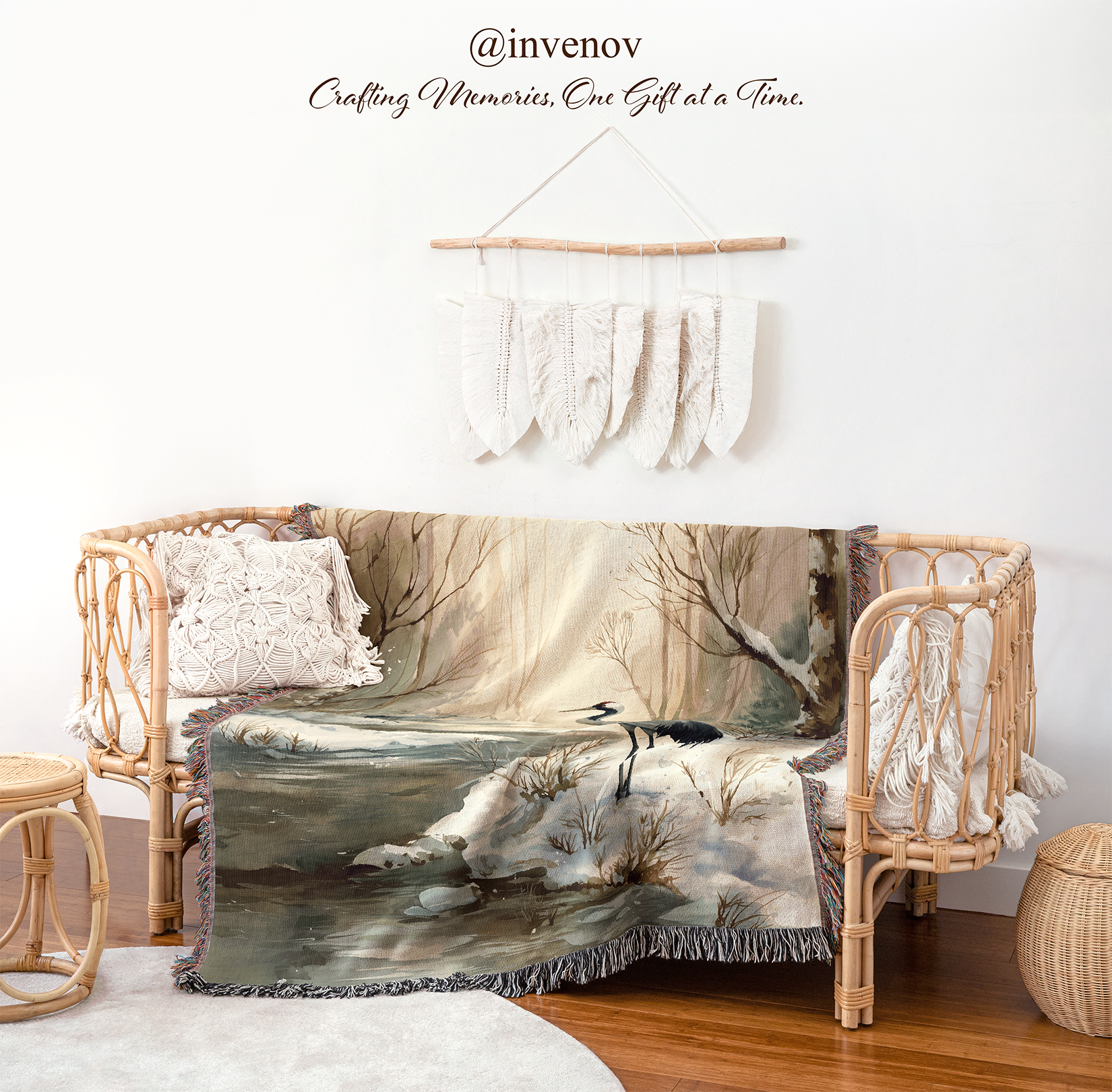 Decorative blanket with nature design draped over a wicker chair