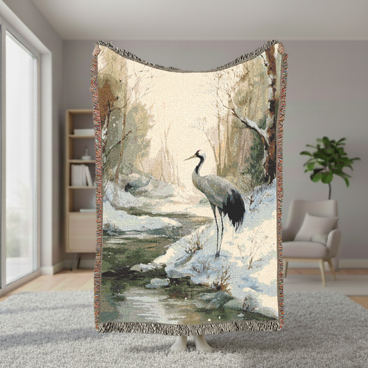 Crane Woven Blanket, Vintage Jacquard Style Winter Scene Tapestry, Snowy Forest Art Throw, Japanese Style Cottagecore Decor, Bird Lover Gift