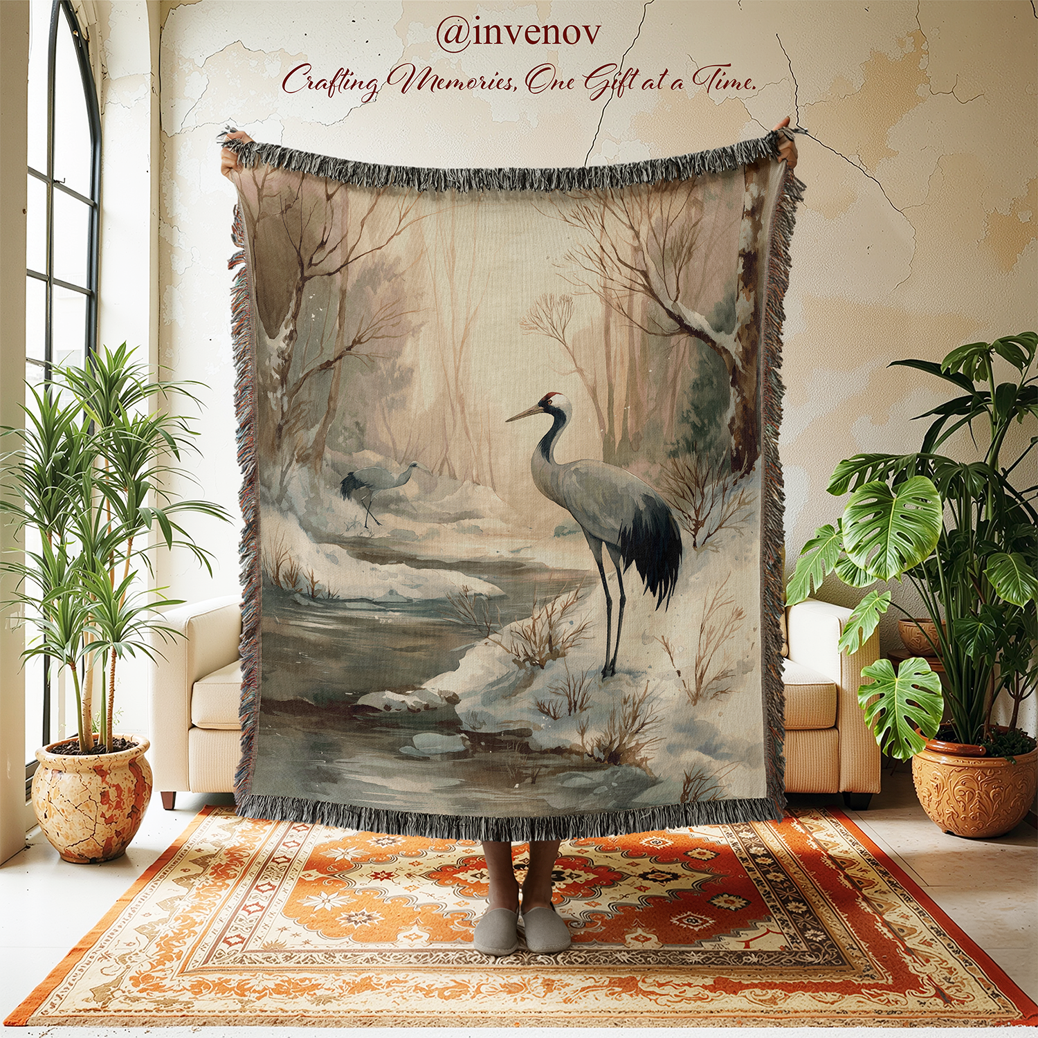 Decorative blanket with nature design in a room with plants and furniture.
