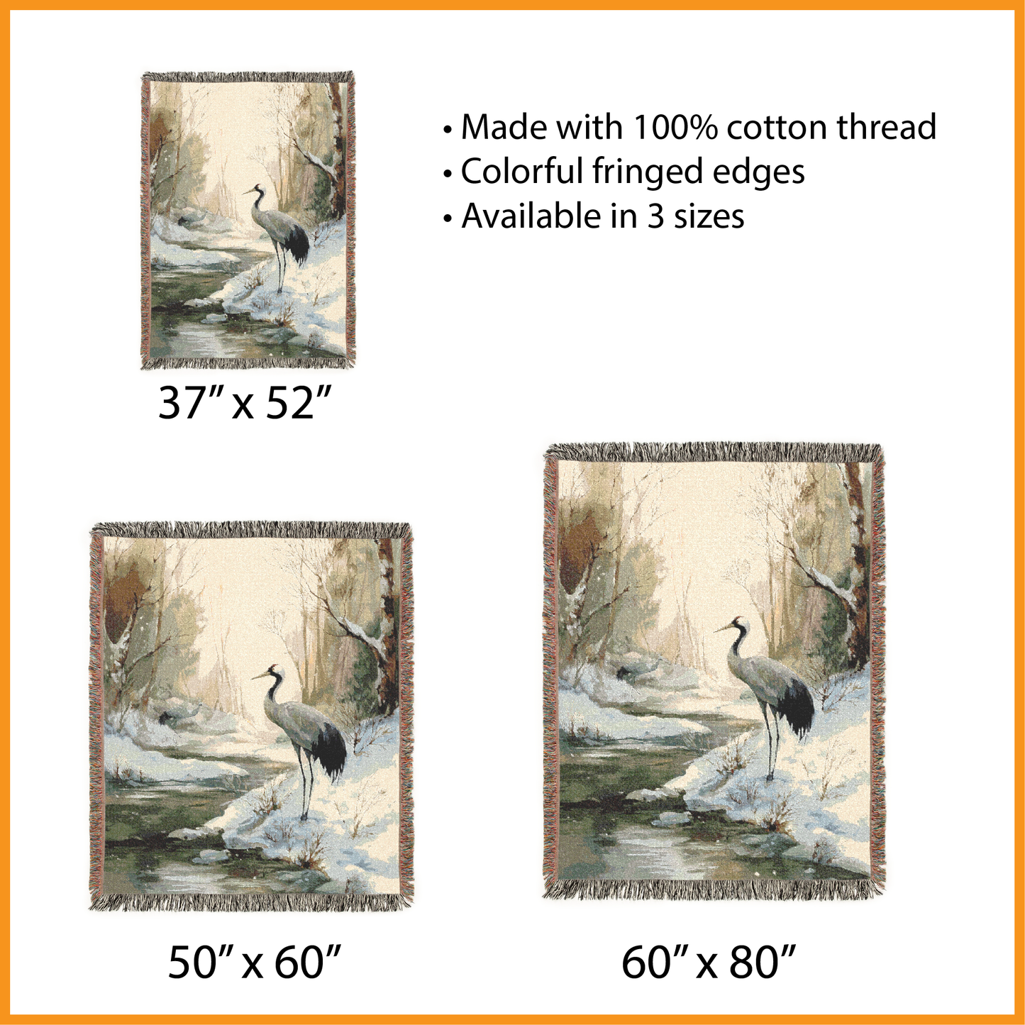 Crane Woven Blanket, Vintage Jacquard Style Winter Scene Tapestry, Snowy Forest Art Throw, Japanese Style Cottagecore Decor, Bird Lover Gift