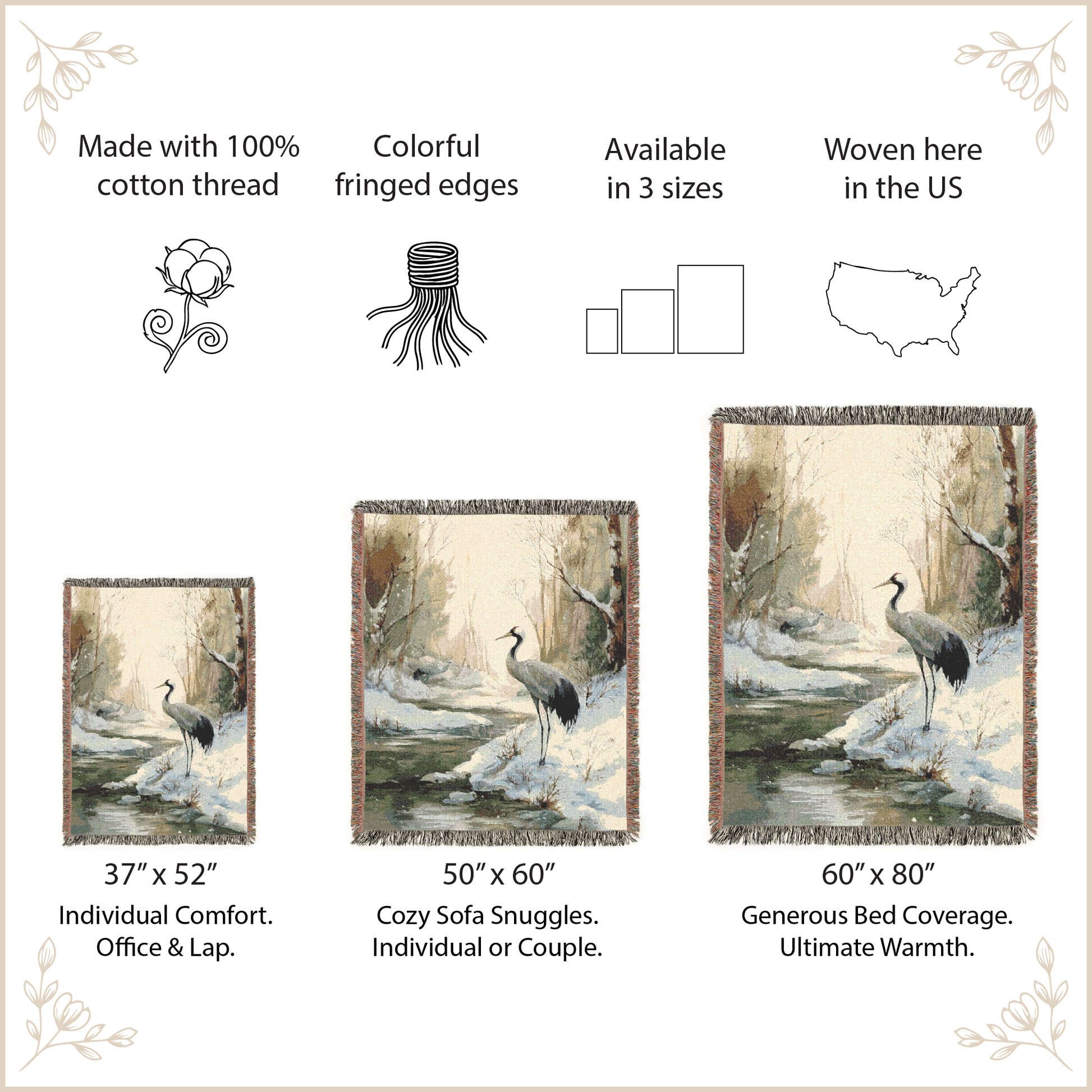 Product description of cranes in a snowy landscape with size options and features listed.