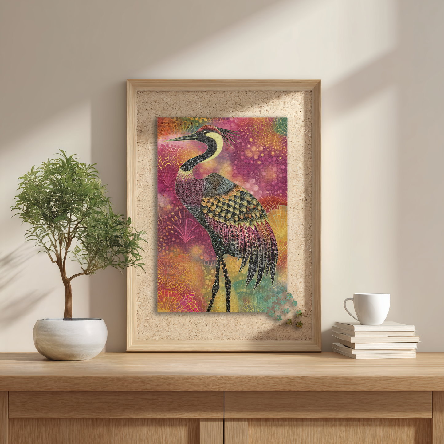 Colorful Crane Puzzle, Elegant Bird Lover's Jigsaw, Vibrant Heron Artistic Challenge Game, Mosaic Style Crane Puzzle, Difficult Puzzle