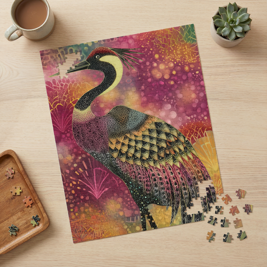 Colorful Crane Jigsaw Puzzle, Artistic Bird Game, Boho Animal Toy, Mindfulness Gift for Her, Abstract Nature Art, Unique Family Hobby