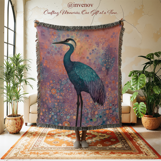 Decorative tapestry with a heron design in a room with plants and furniture.