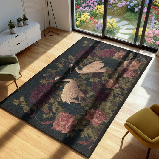 Decorative rug with floral and bird pattern in a room with a garden view.