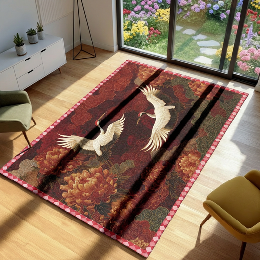 Decorative rug with crane design on a wooden floor in a room with a garden view.