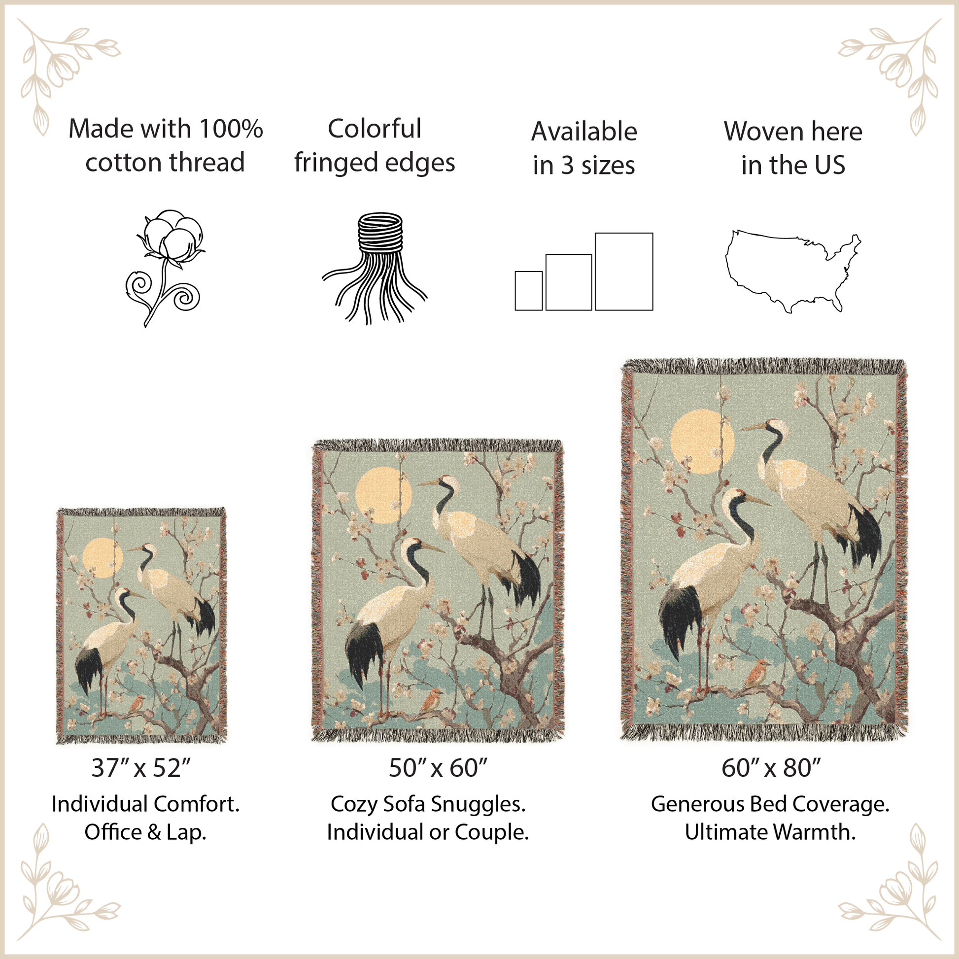 Decorative throw blankets with crane designs and size information on a beige background.