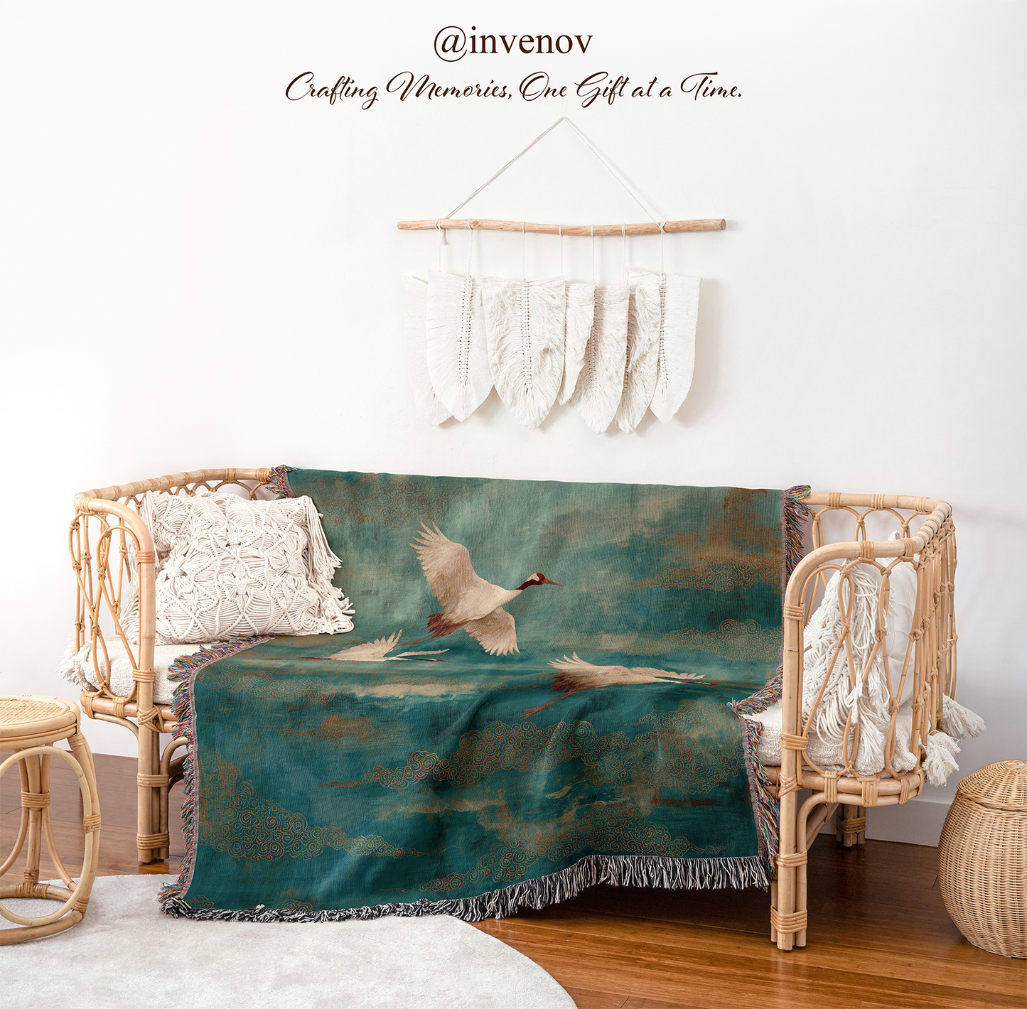 Decorative blanket with bird design draped over a chair